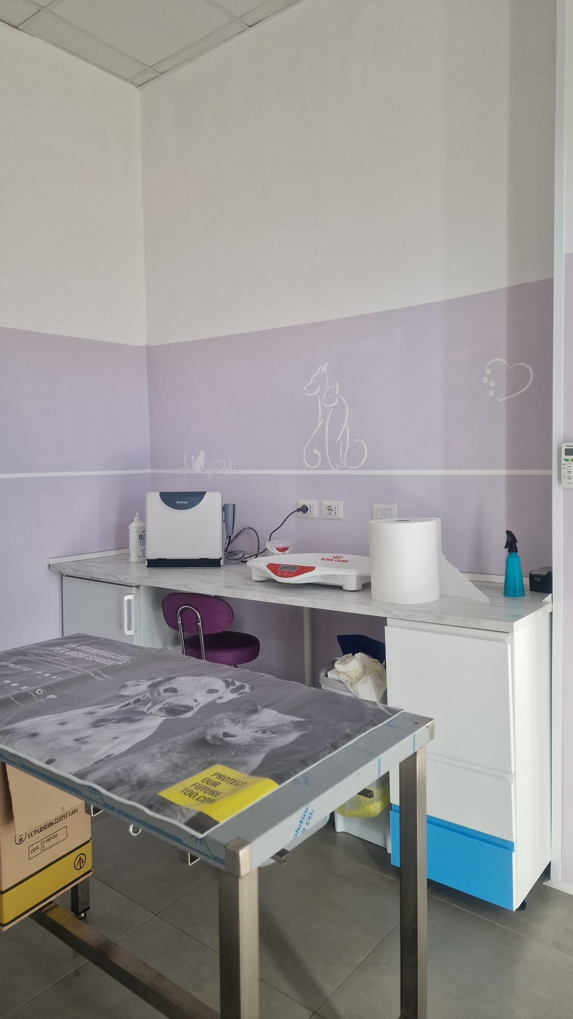 Sala visite di Artemide con pareti lilla, disegno di cane e gatto, tavolo in acciaio e bilancia sul bancone bianco
