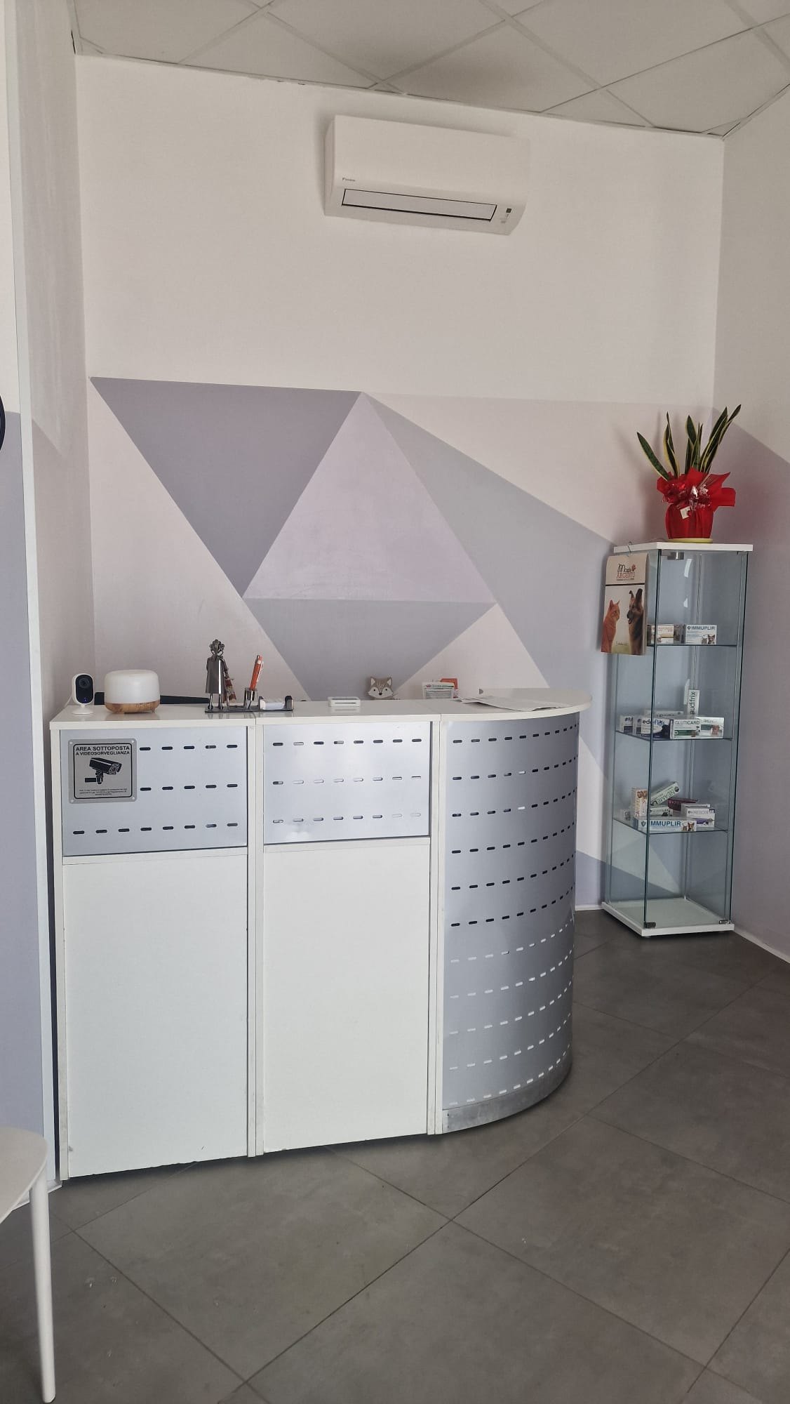 Reception di Artemide Ambulatorio Veterinario: bancone bianco, parete a triangoli grigi, vetrina di prodotti per animali